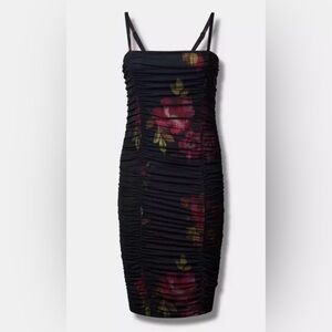 torrid Floral Black Midi Mesh Shirred Bodycon Dress- Size 1X